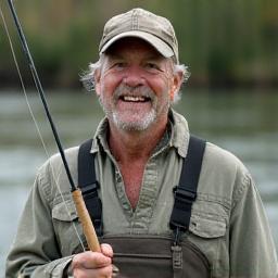 Portrait of fishing guide John Doe, smiling with a fishing rod.