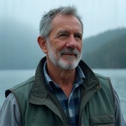 Portrait of fishing guide Mike Finch, with a backdrop of a misty mountain lake.