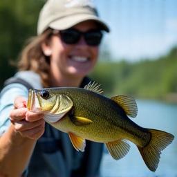 Portrait of fishing guide Sarah McCoy, holding a smallmouth bass.