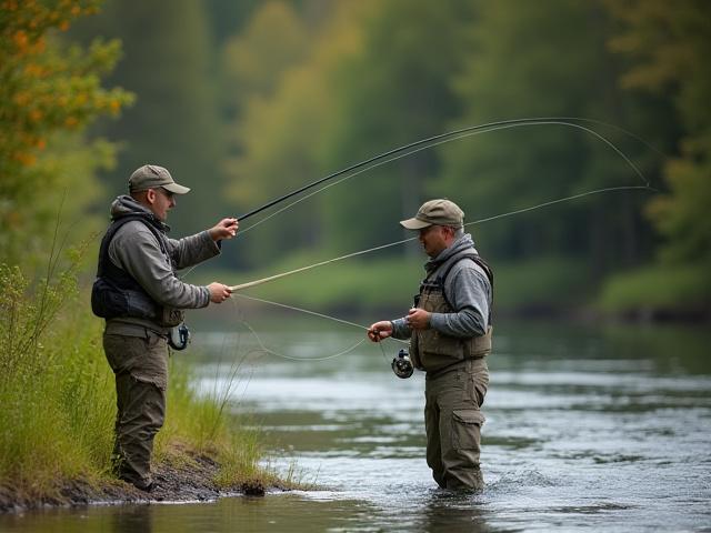 A fishing guide patiently instructing a beginner on fly casting technique on a calm riverbank.