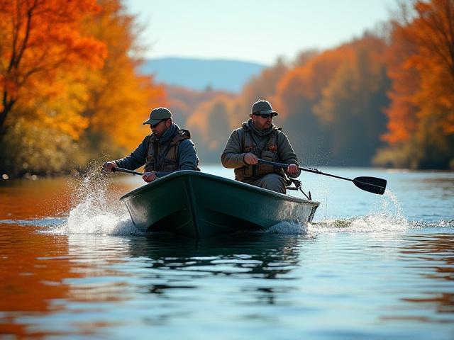Two anglers in a drift boat on a river, framed by autumnal trees, fishing for smallmouth bass.