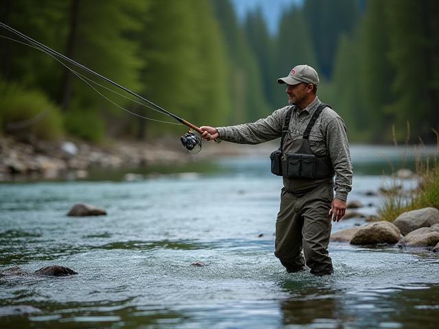 Fly fisherman wading in a clear mountain stream, casting for trout.