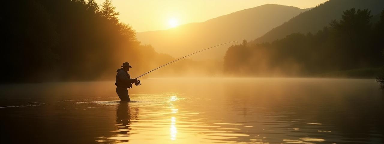 Fly fisherman casting a line on the French Broad River at dawn.