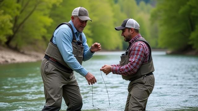 A fishing guide helping a client on a river
