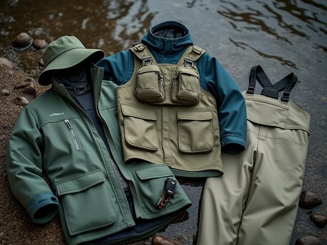Outdoor fishing apparel including jackets, hats, and waders