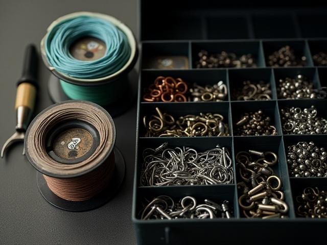 Various fishing lines and tackle boxes filled with gear