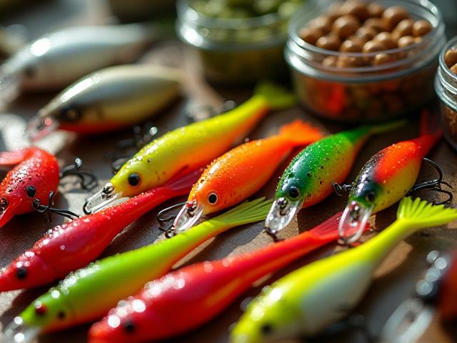Collection of colorful fishing lures and live bait containers
