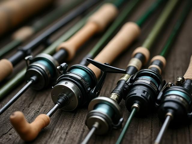 Assortment of fishing rods and reels laid out
