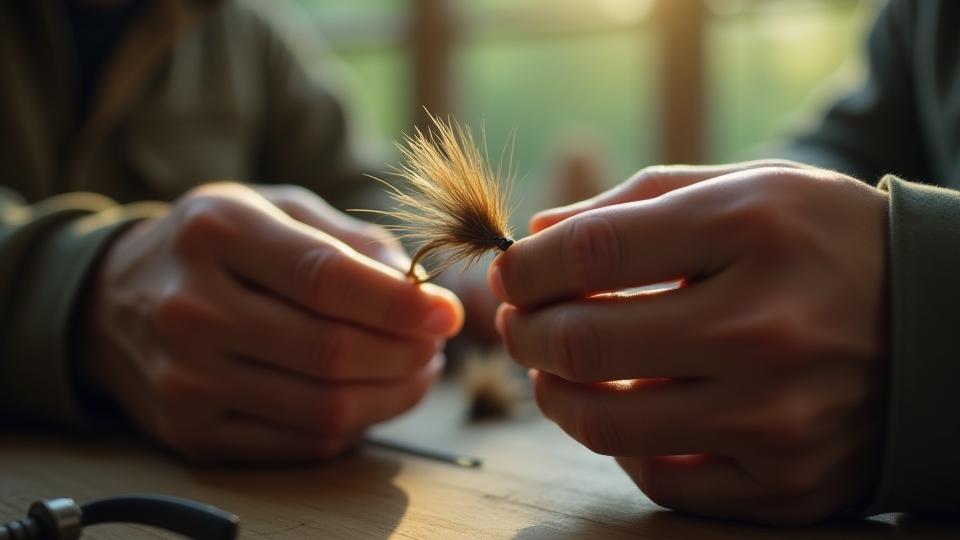 Close-up of hands tying a fishing fly, representing expertise and passion.